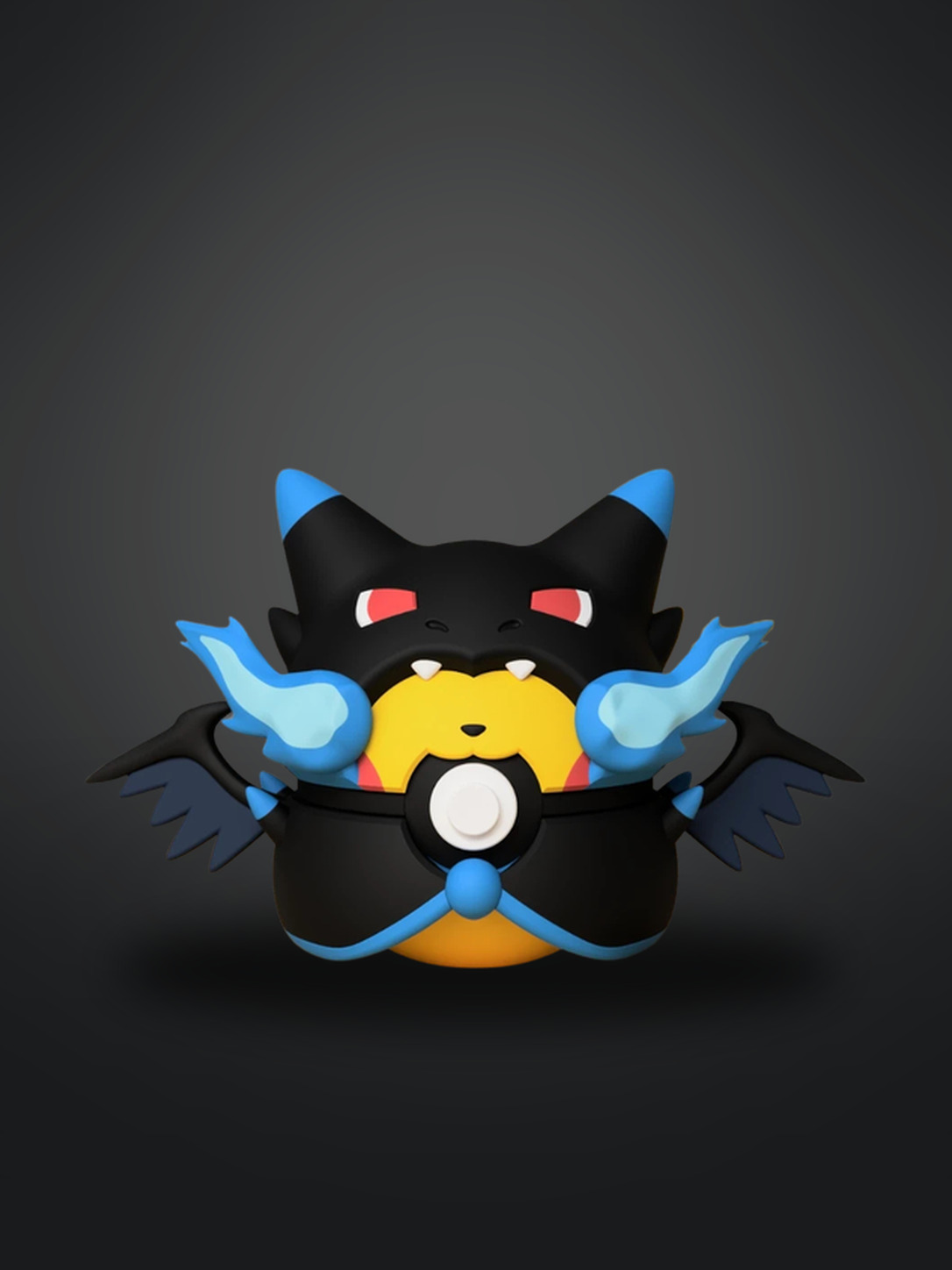 Vista frontal de Pikachu Mega Charizard X Poncho
